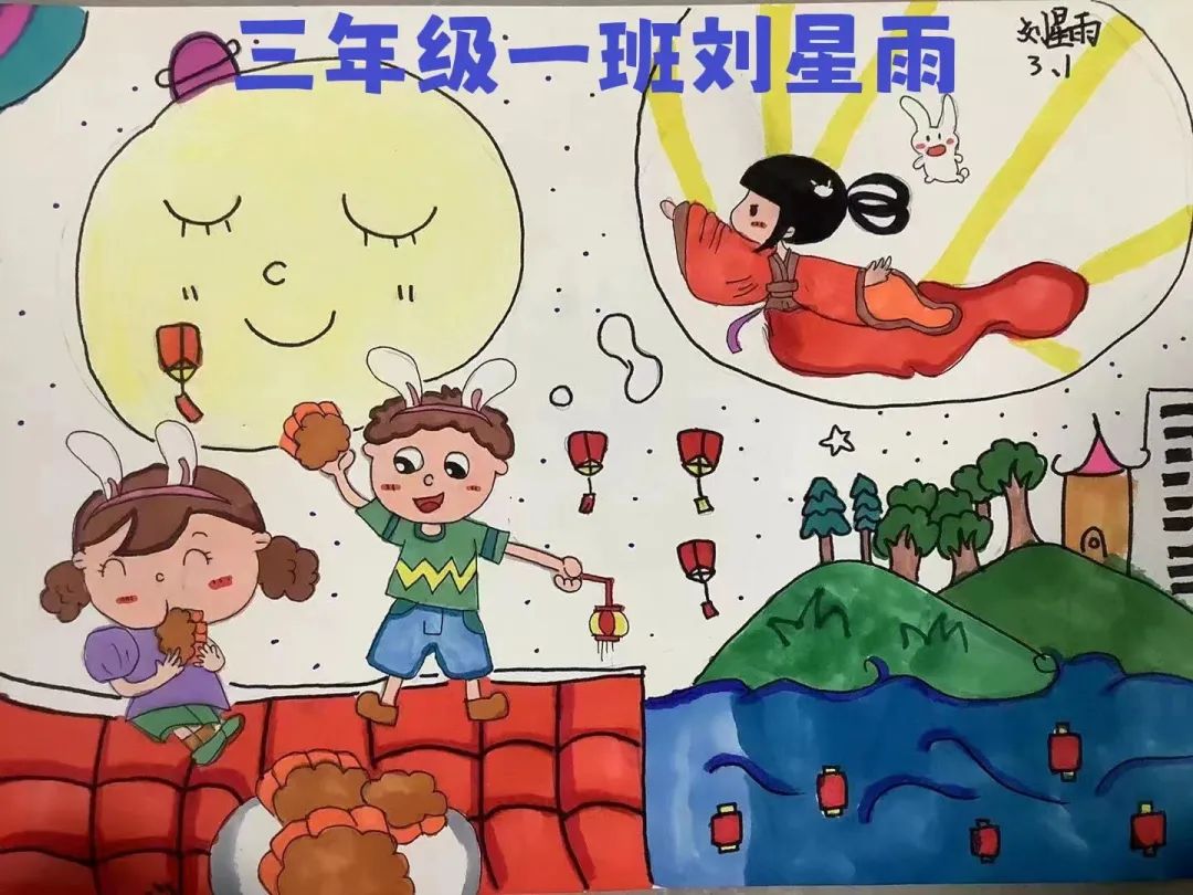 中秋节小孩儿吃月饼的儿童画
