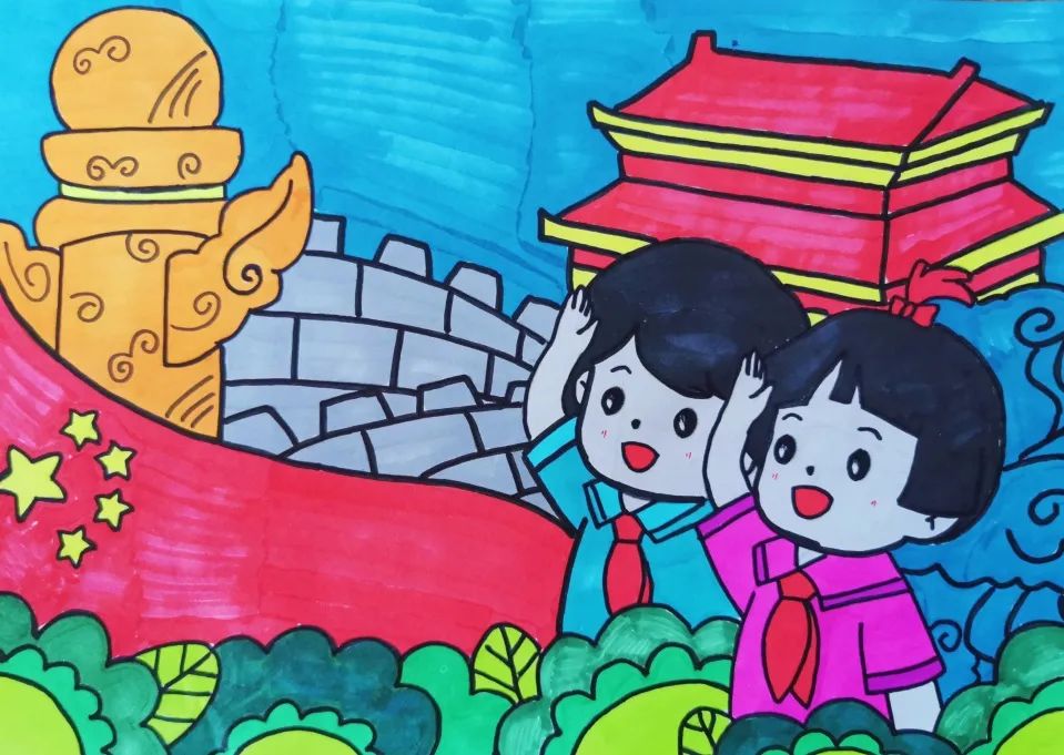 国庆节儿童画作品《童心向党 红领巾爱祖国》