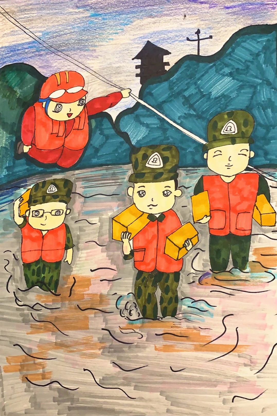 致敬抗洪一线“最美逆行者”儿童画二等奖作品