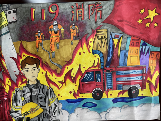最美逆行者消防安全一等奖绘画《背影》