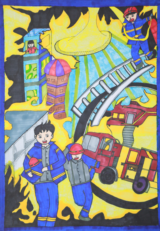 消防主题绘画作品《你好 火焰蓝》