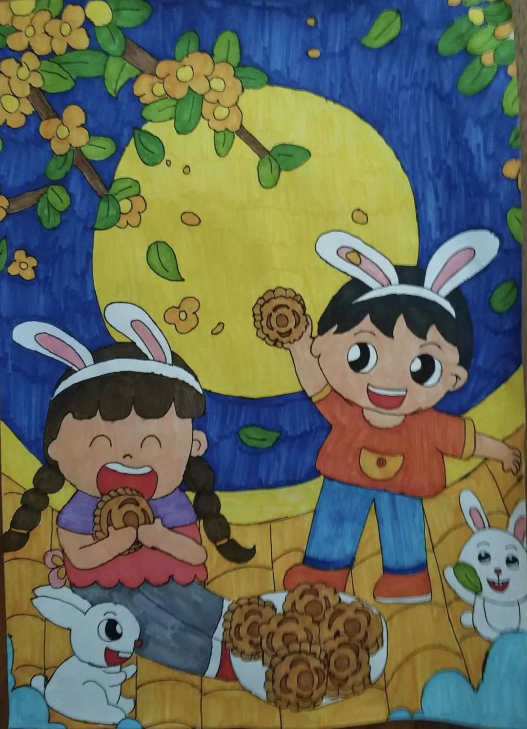 怎么画中秋节吃月饼的儿童画