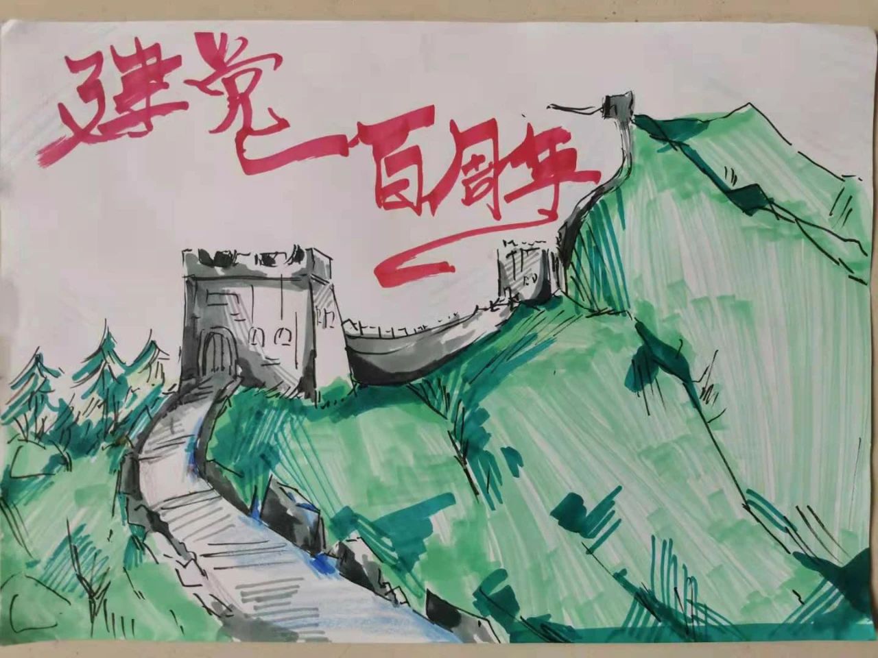 建党节的儿童画的小学生