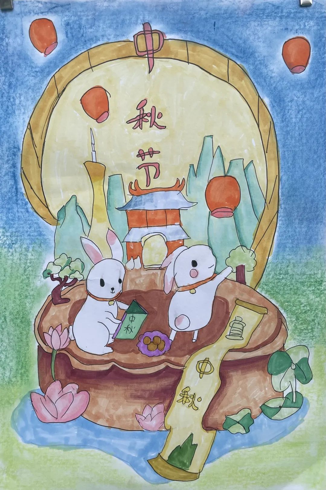 适合小学生的中秋主题画——兔子望月