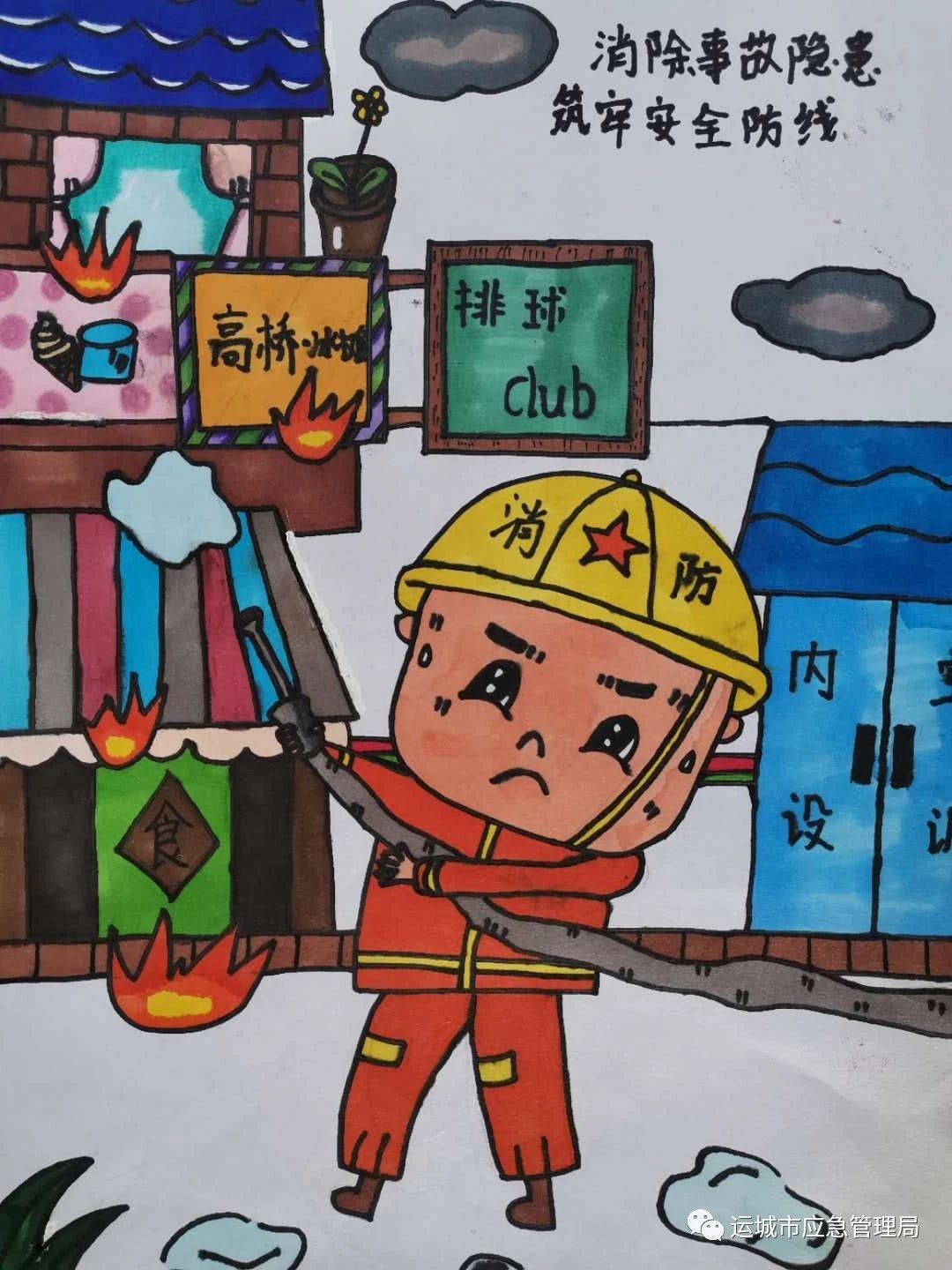 “消除火灾隐患 筑牢安全防线”消防主题儿童画
