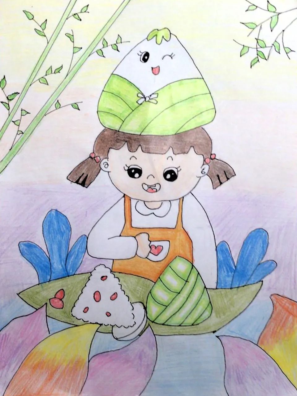 小女孩吃粽子的儿童画图片