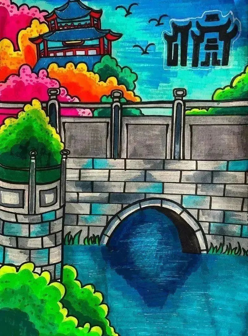 “可爱的家乡”儿童绘画作品五年级