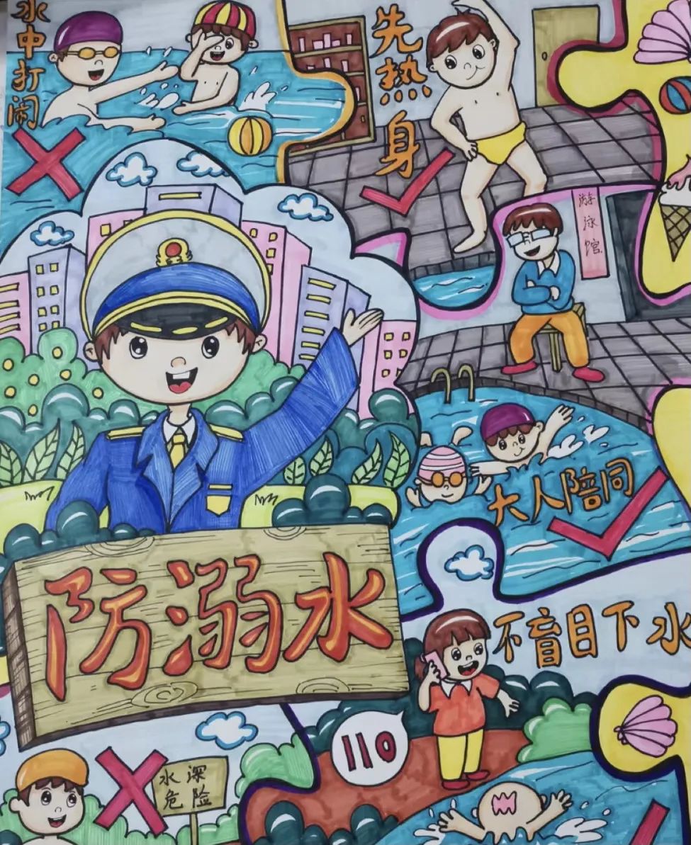 “画”说防溺水 安全伴成长小学主题绘画作品
