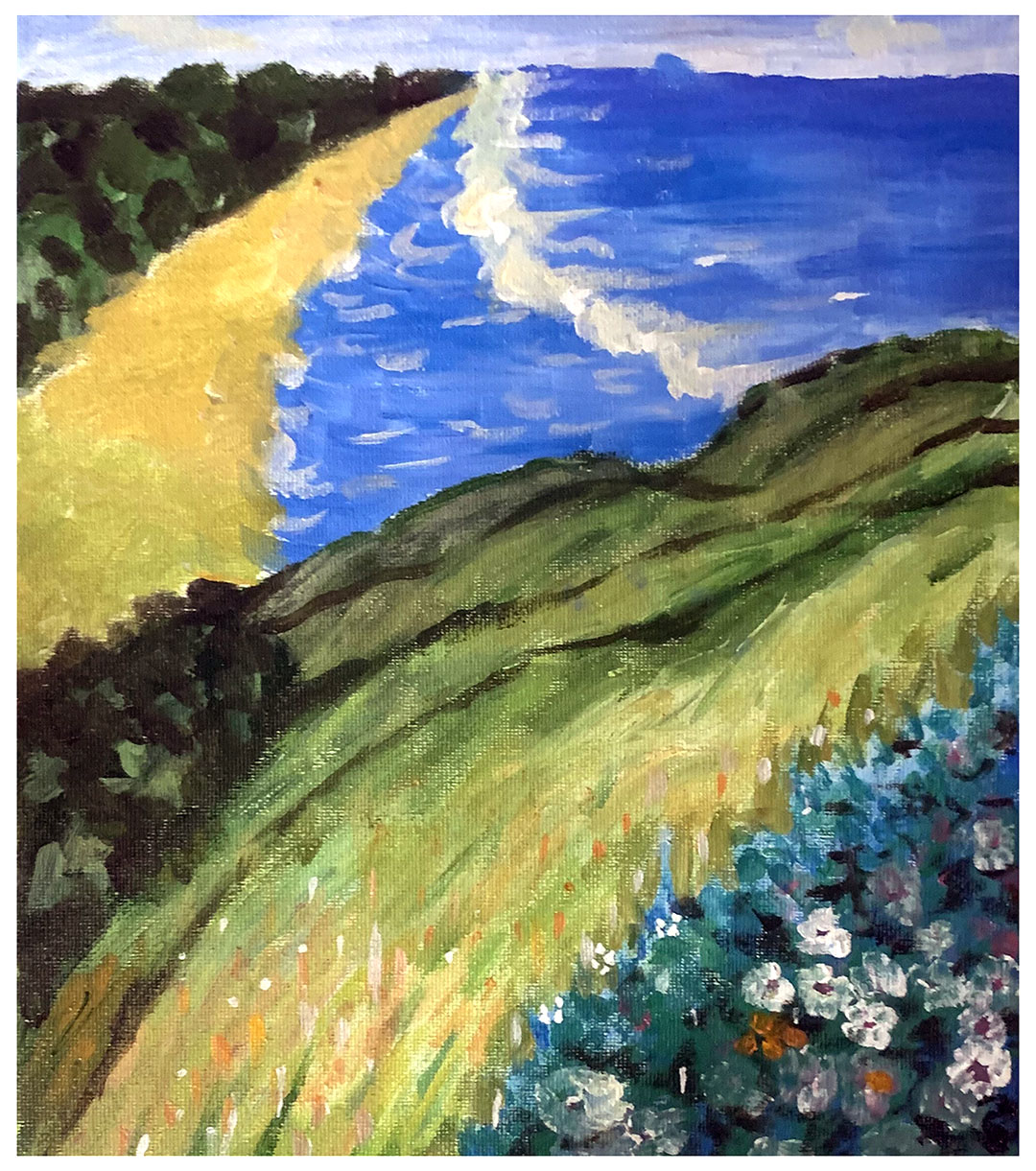 大海边的风景儿童水粉画