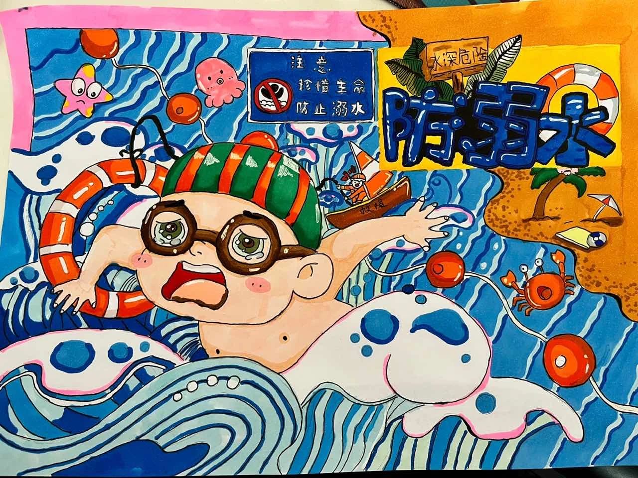 暑期防溺水安全宣传儿童画（9）