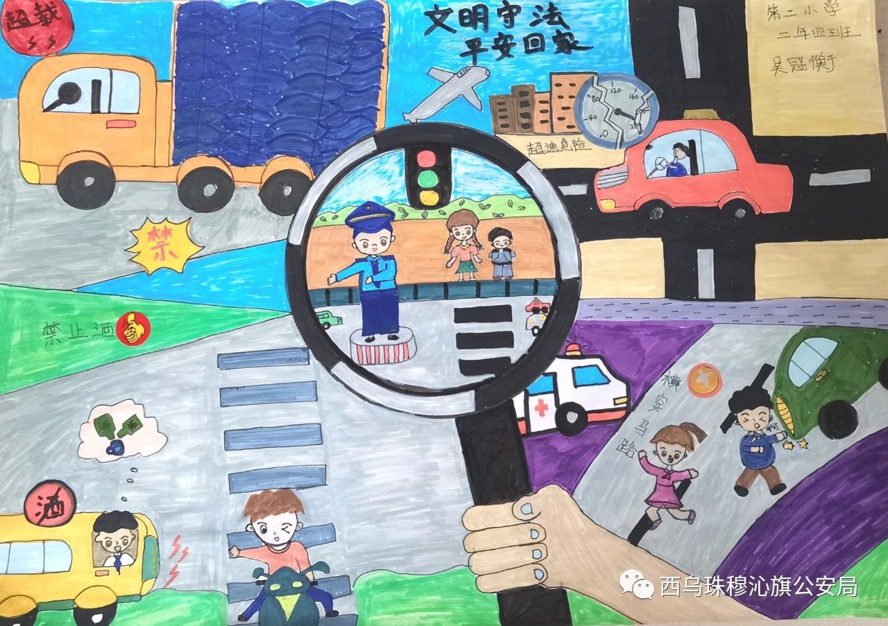 小学“文明守法 平安回家”交通安全主题绘画（19）
