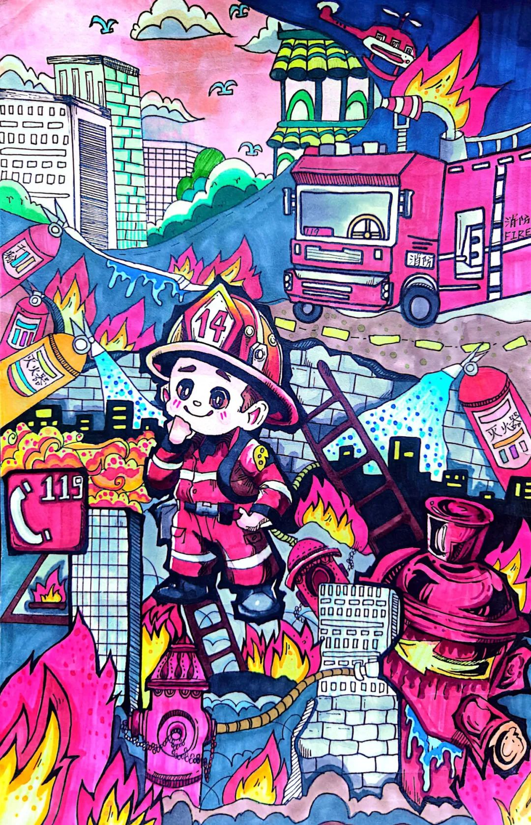 消防员最美逆行画画图片优秀作品（十九）