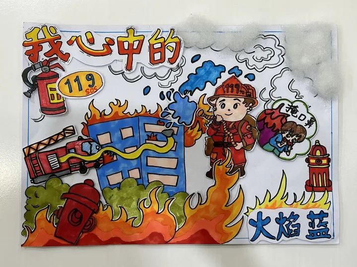 “勇敢消防员 心中火焰蓝”幼儿园画画作品（1）