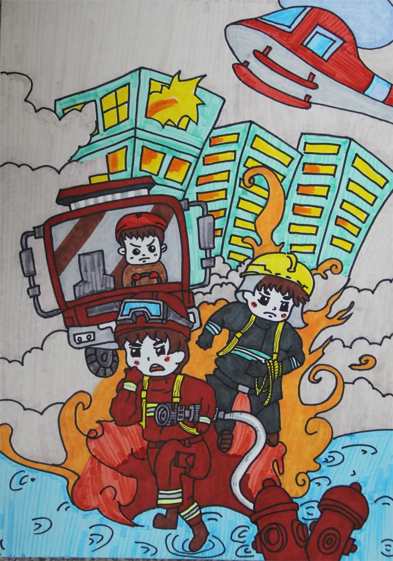 我心目中的消防英雄儿童绘画图片（9）