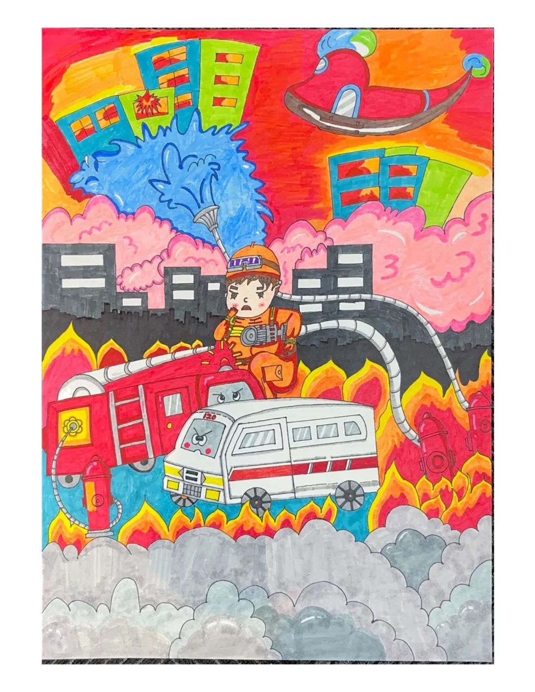 “画说消防 致敬逆行英雄”消防安全绘画图片（7）