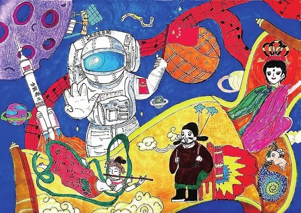 《探索宇宙脚步从未停歇》航天主题儿童画
