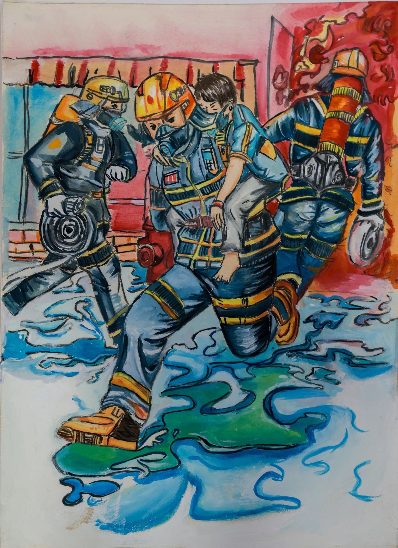 《烈火英雄》消防安全主题创意水粉画（4）
