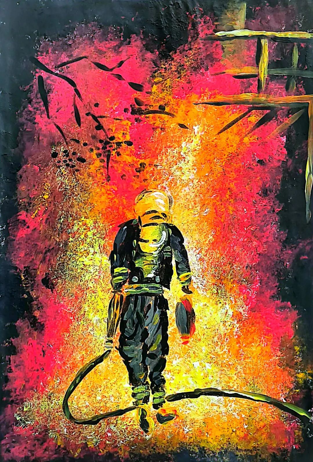 消防安全主题儿童画作品《致敬逆行英雄》