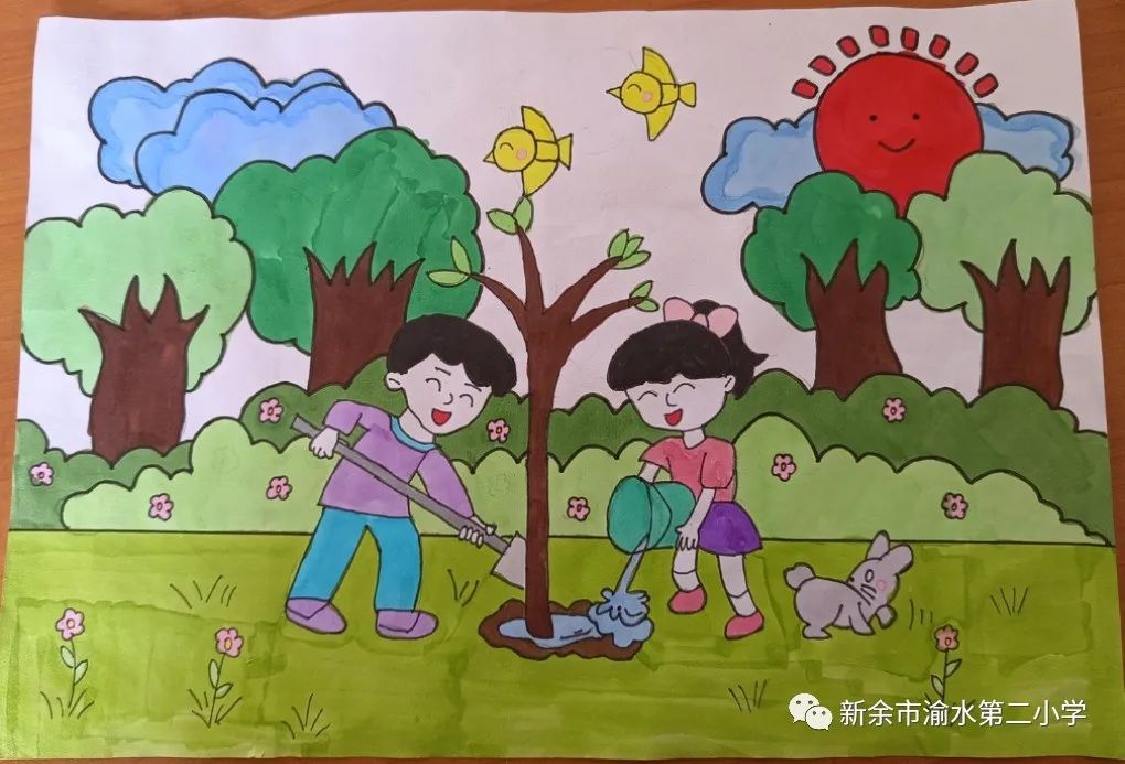 小学生植树节绘画精选作品《让绿色充满世界》