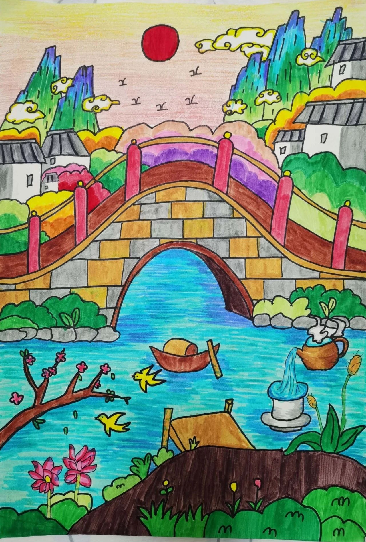 珍爱河湖保护水生态的绘画作品