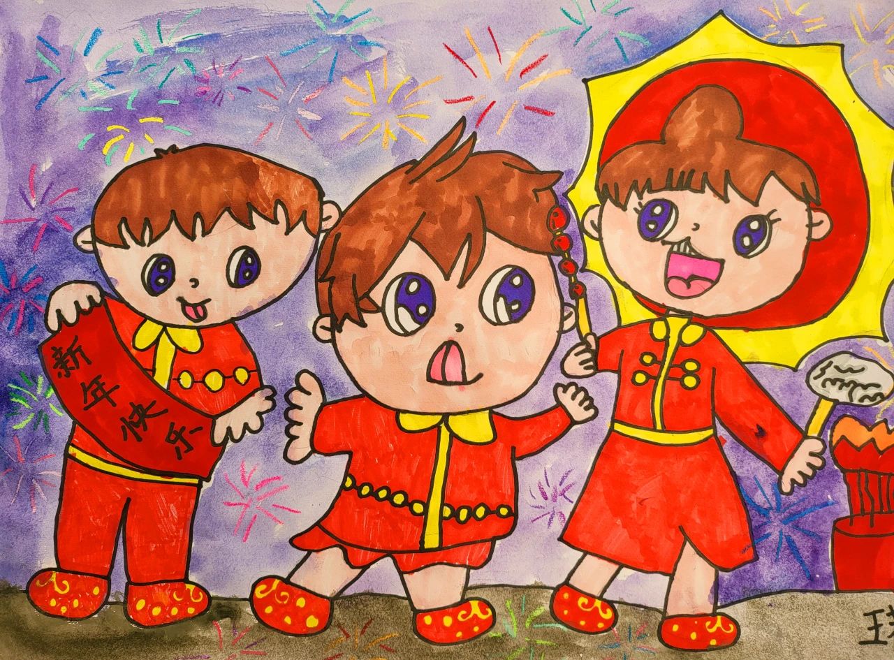 小学生龙年迎新欢喜过大年主题绘画