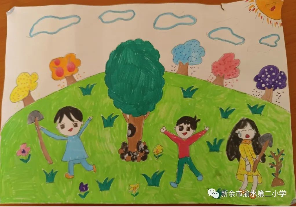 小学生植树节绘画作品《绿色地球》