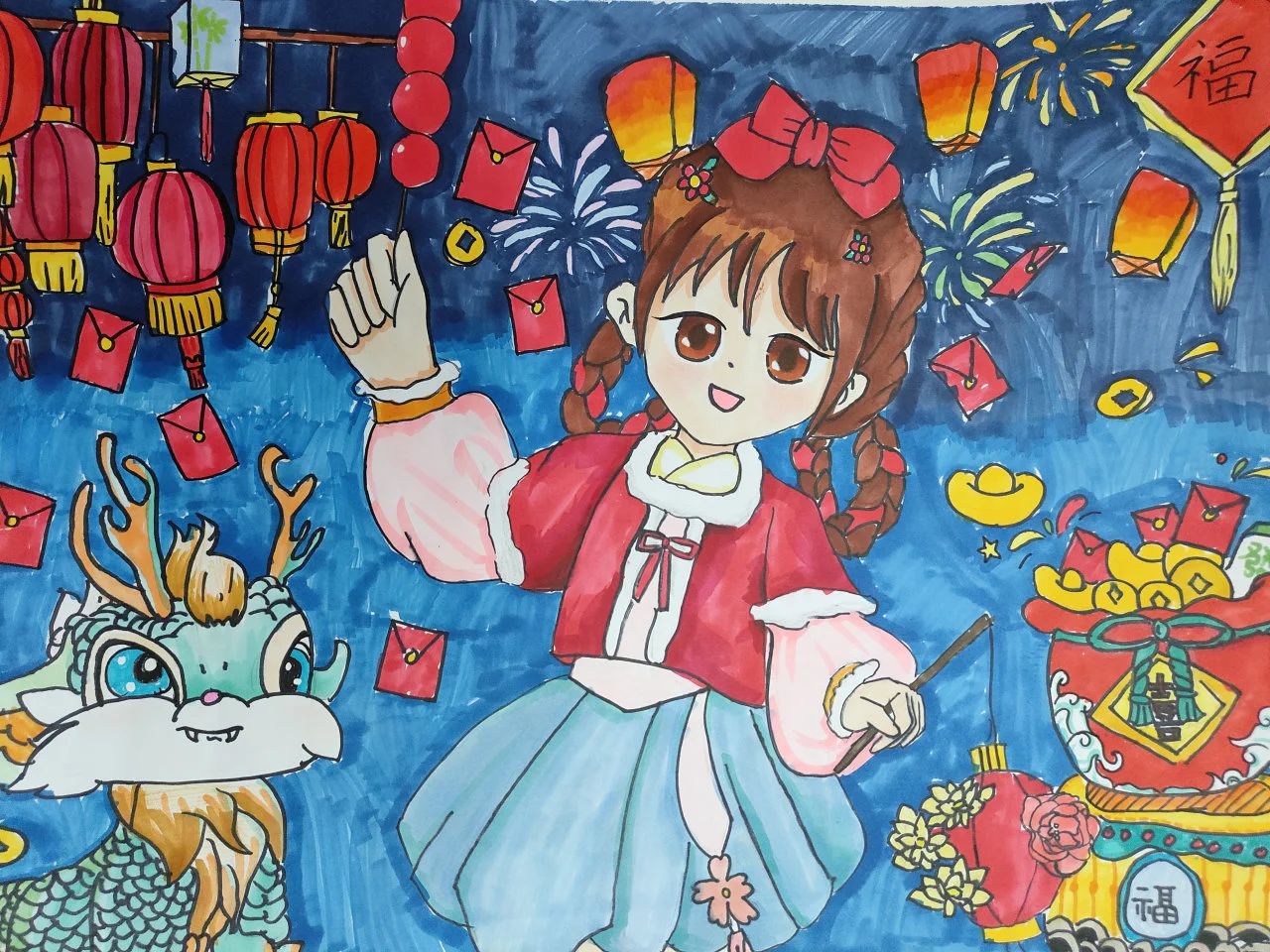 可爱的龙年小女孩提花灯儿童画
