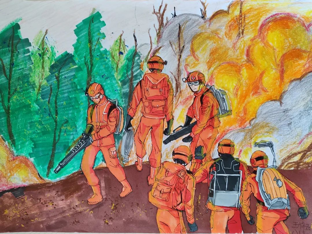  消防安全绘画《森林救援英雄》