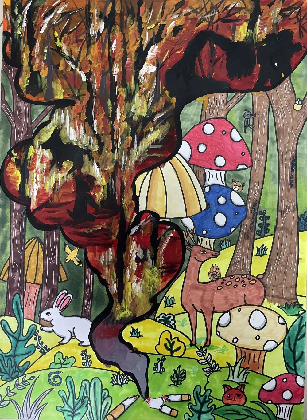 “预防森林火灾 保护绿色家园”的儿童绘画