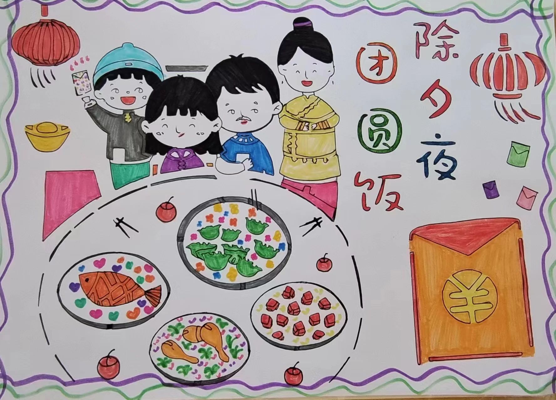 我眼中的春节儿童绘画作品《除夕夜 团圆饭》