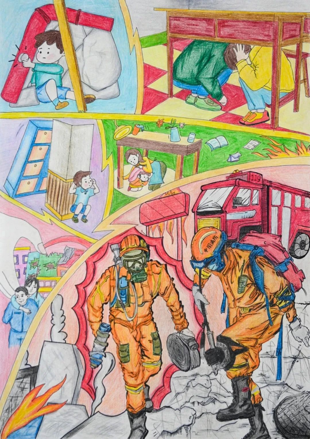 简单好看的消防儿童画《勇敢的消防员》