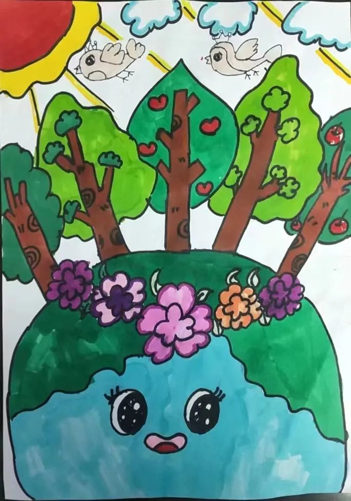 《植树造林 保护地球》儿童画画图片
