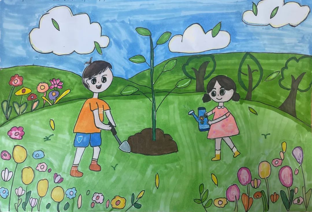 "小手拉大手 共植一片绿"植树儿童画