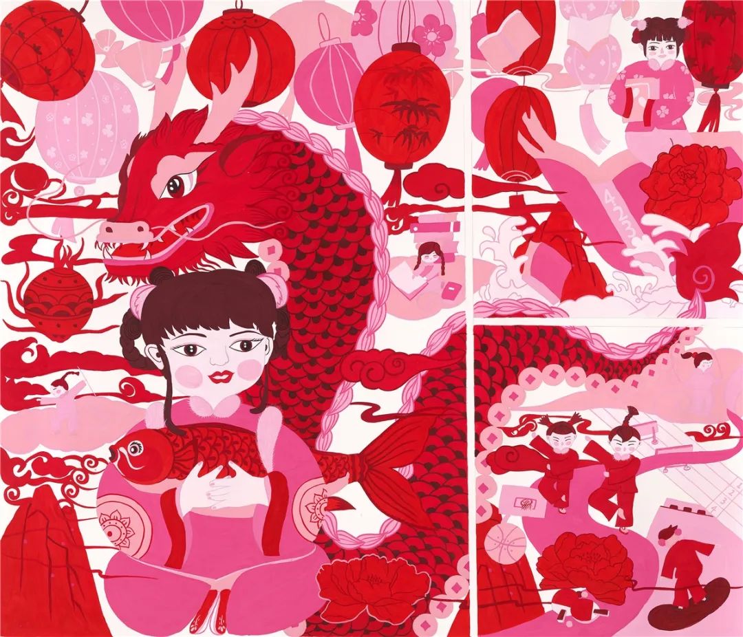 喜气的龙年新年快乐儿童画