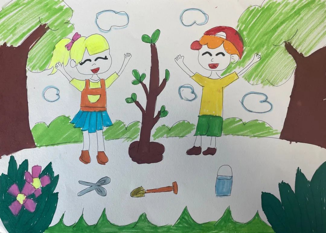 《开心植树 呵护绿色》小学生二年级绘画
