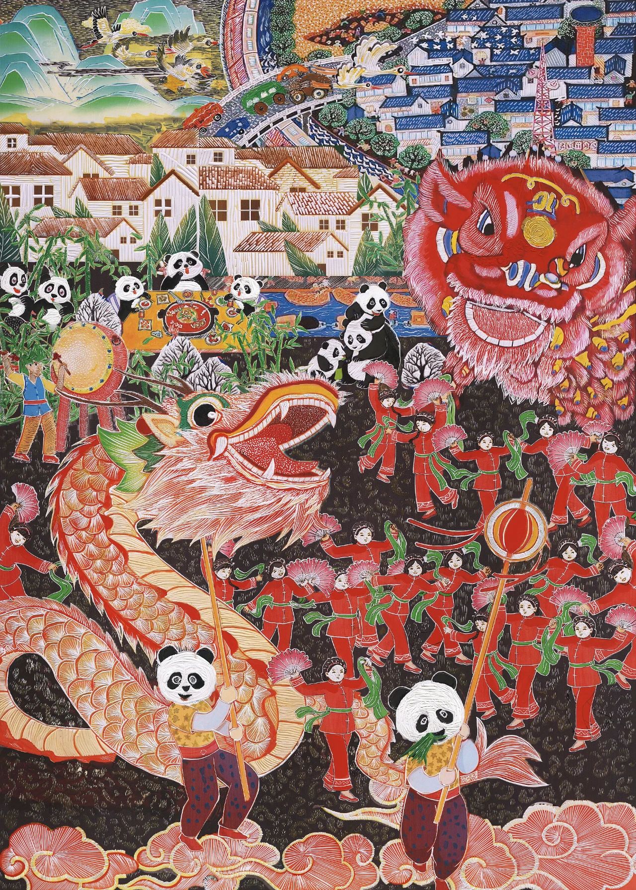 我们的小康生活年画作品《舞龙闹新春》