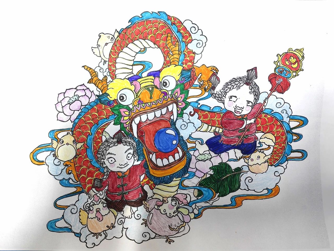 我眼中的春节儿童绘画作品《舞龙》