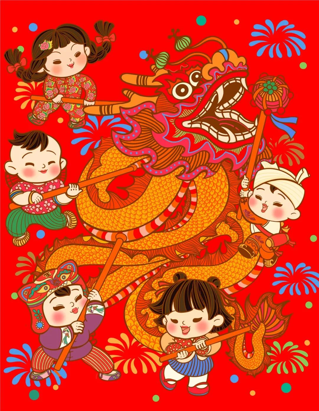新年春节舞龙场景年画
