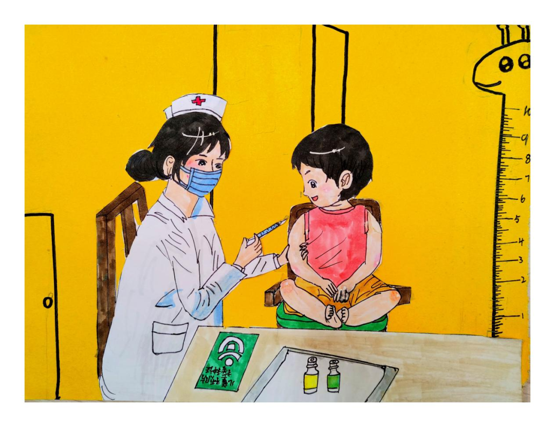 预防接种儿童画作品《打预防针》
