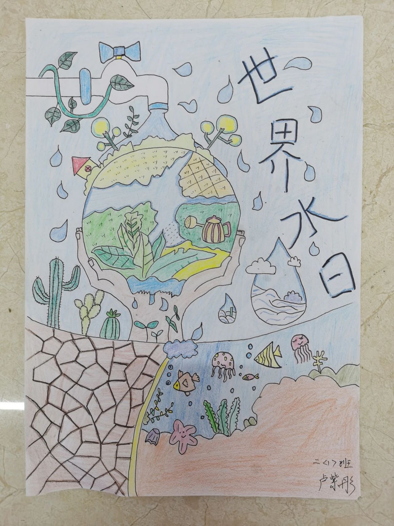 小学生世界水日儿童画节约用水儿童画-第3张