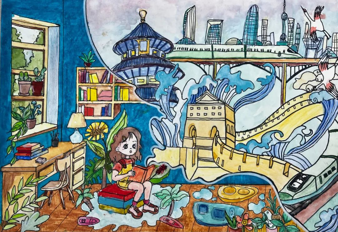 “我的书屋 我的梦”阅读主题儿童画-第7张