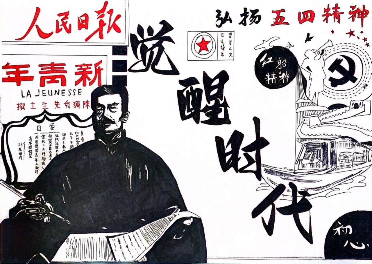 “五四运动 觉醒时代”青年节主题绘画5张