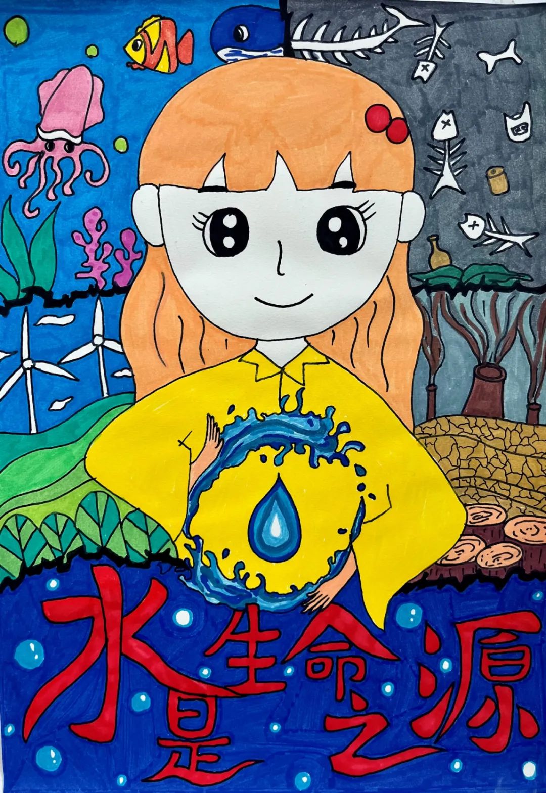 简单好看的世界水日中国水周绘画儿童画-第1张