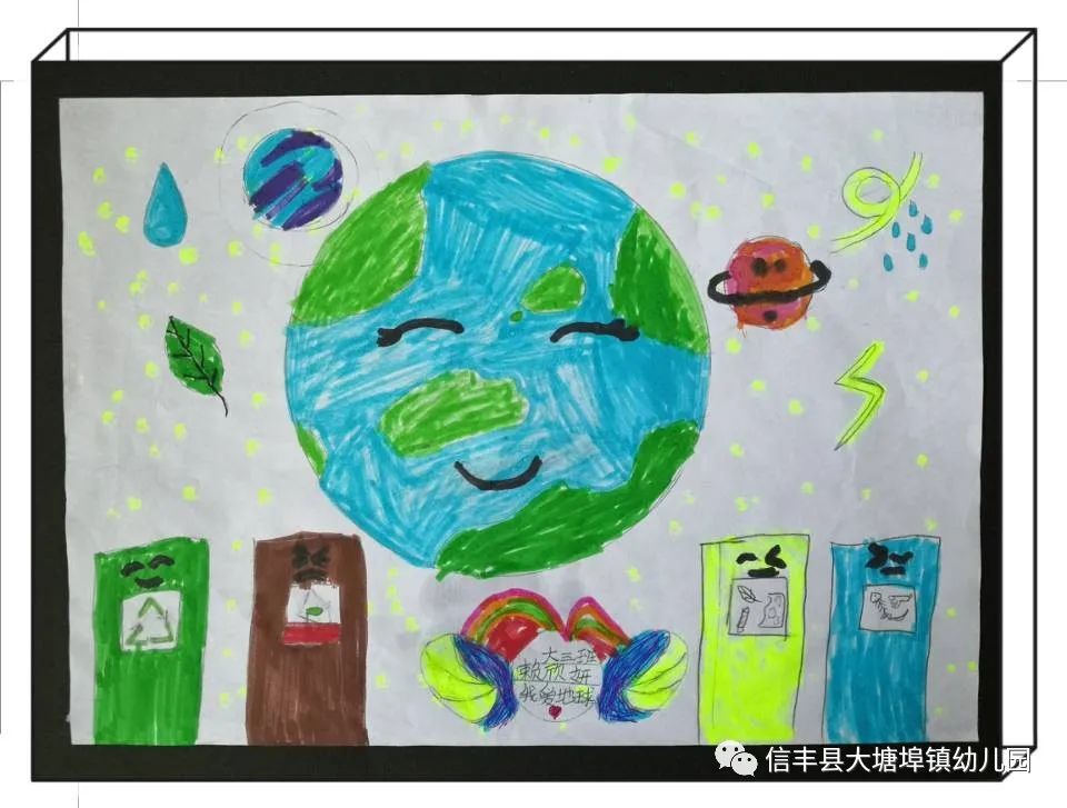 一组4月22日世界地球日儿童绘画作品《爱护地球 人人有责》