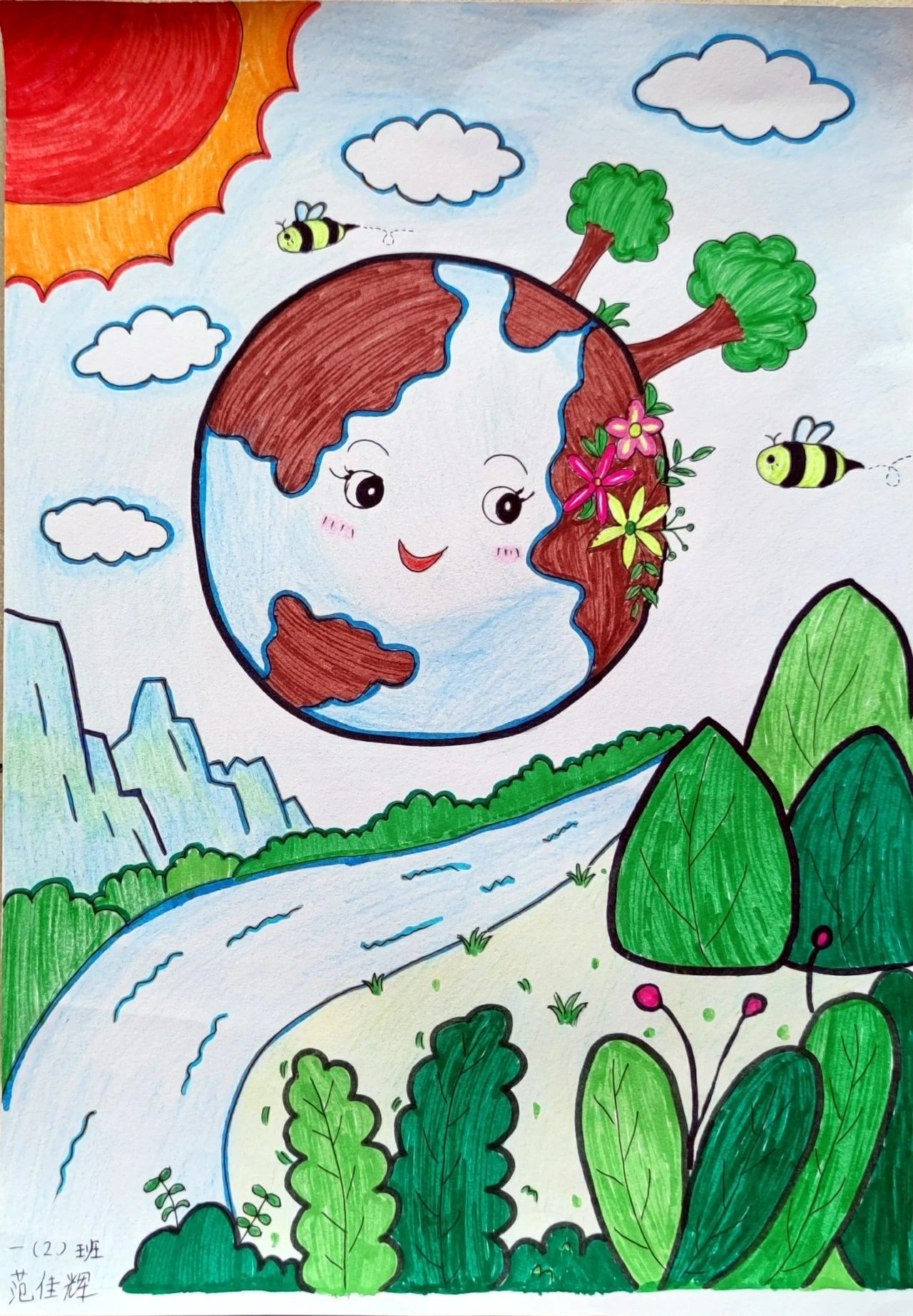 5张2024年世界地球日儿童画作品《珍爱蓝色星球 守护自然资源》