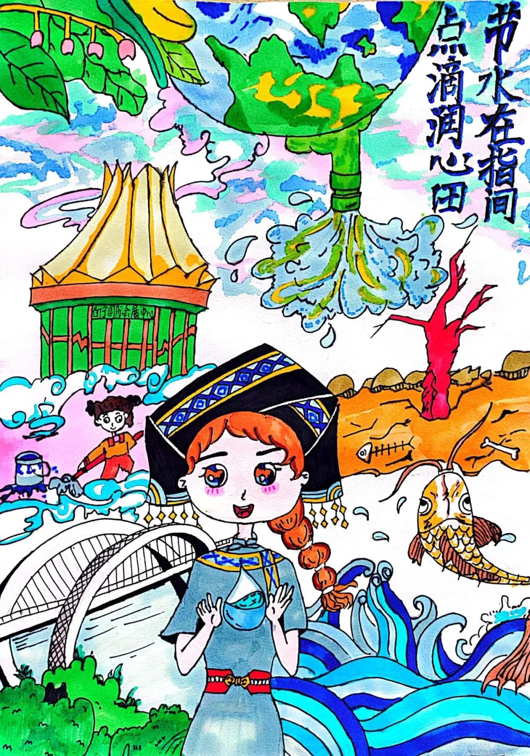 “节水在指尖 点滴润心田”中国水周儿童画-第1张