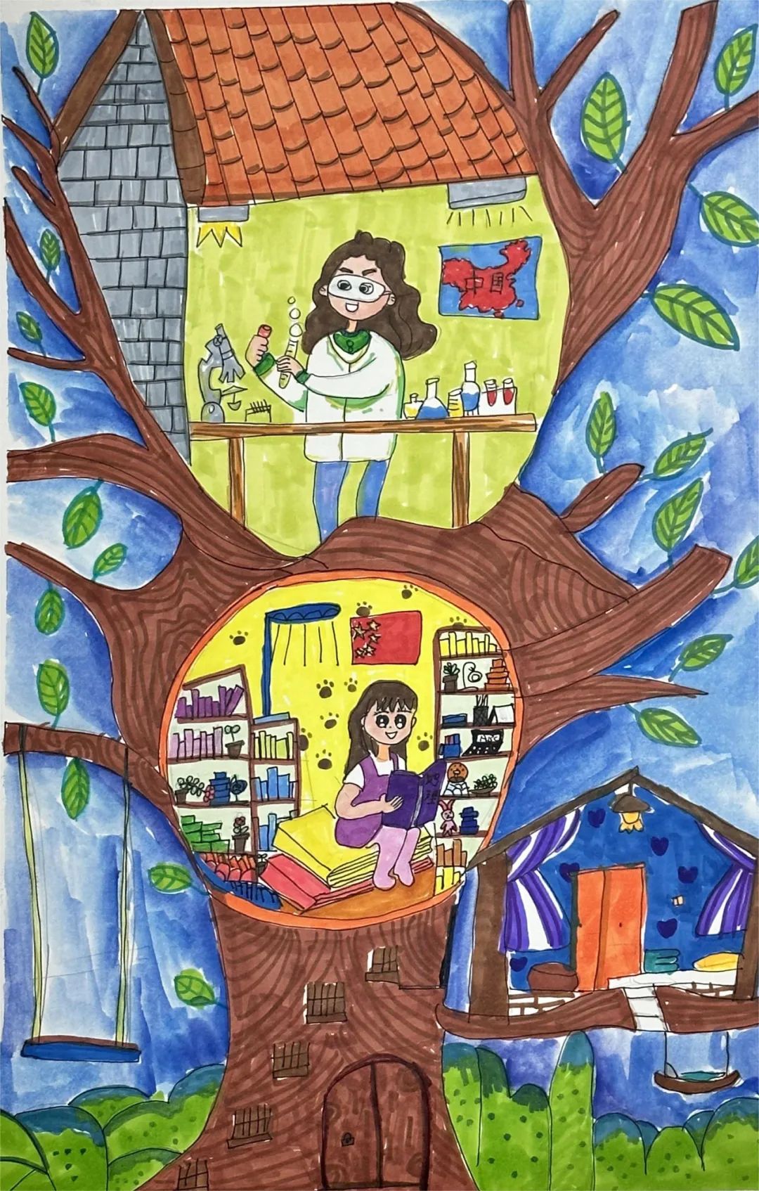 “我的书屋我的梦”主题儿童画作品——《太空书屋》