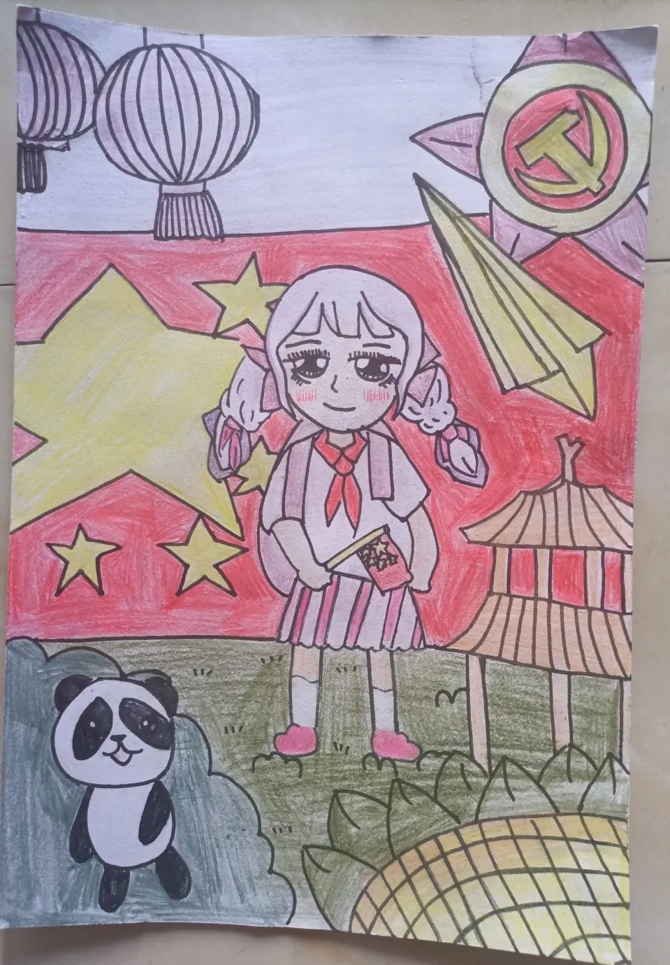 5张小学“童心向党 健康成长”儿童画