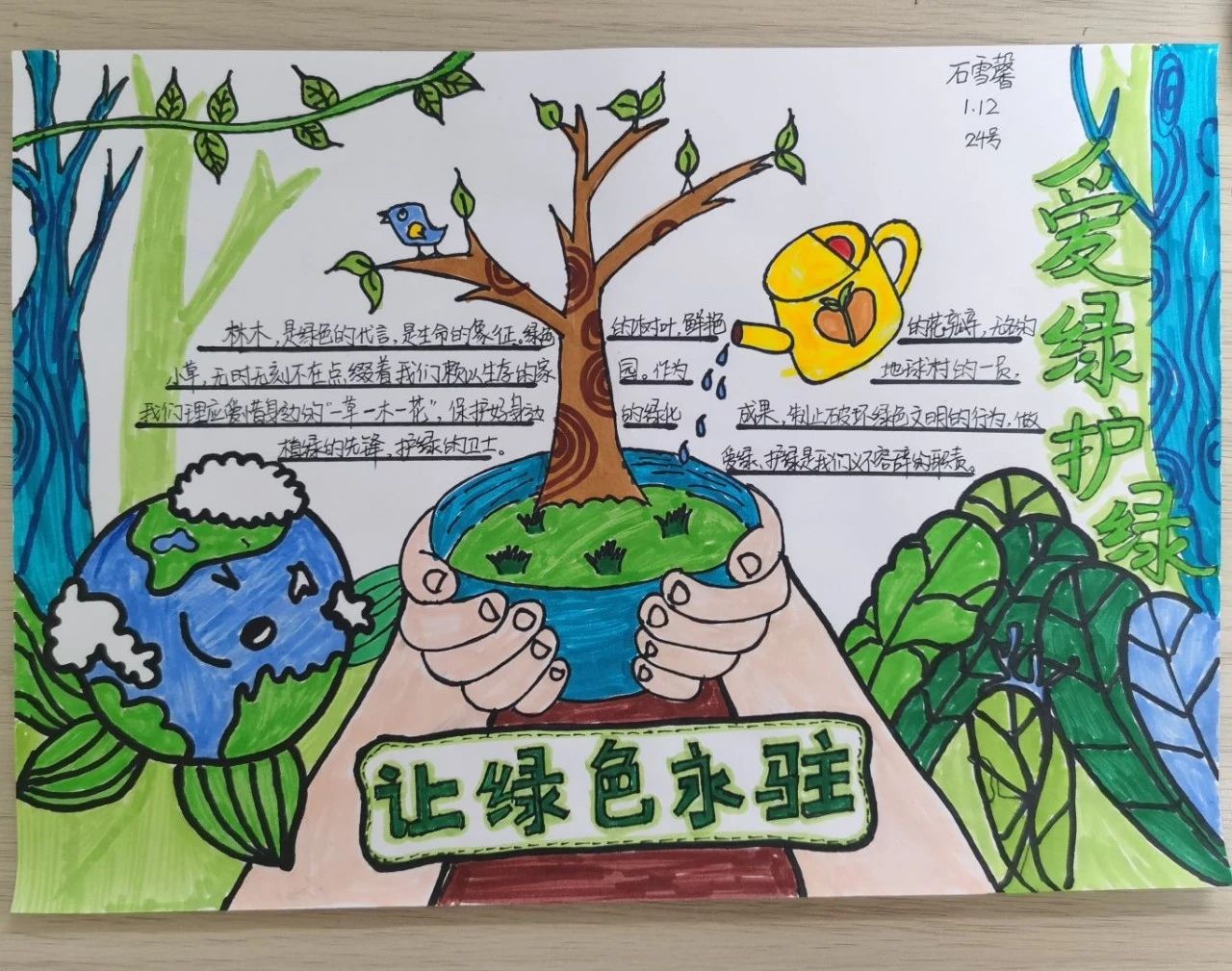 “绿色永驻 爱绿护绿”植树节主题儿童画-第4张