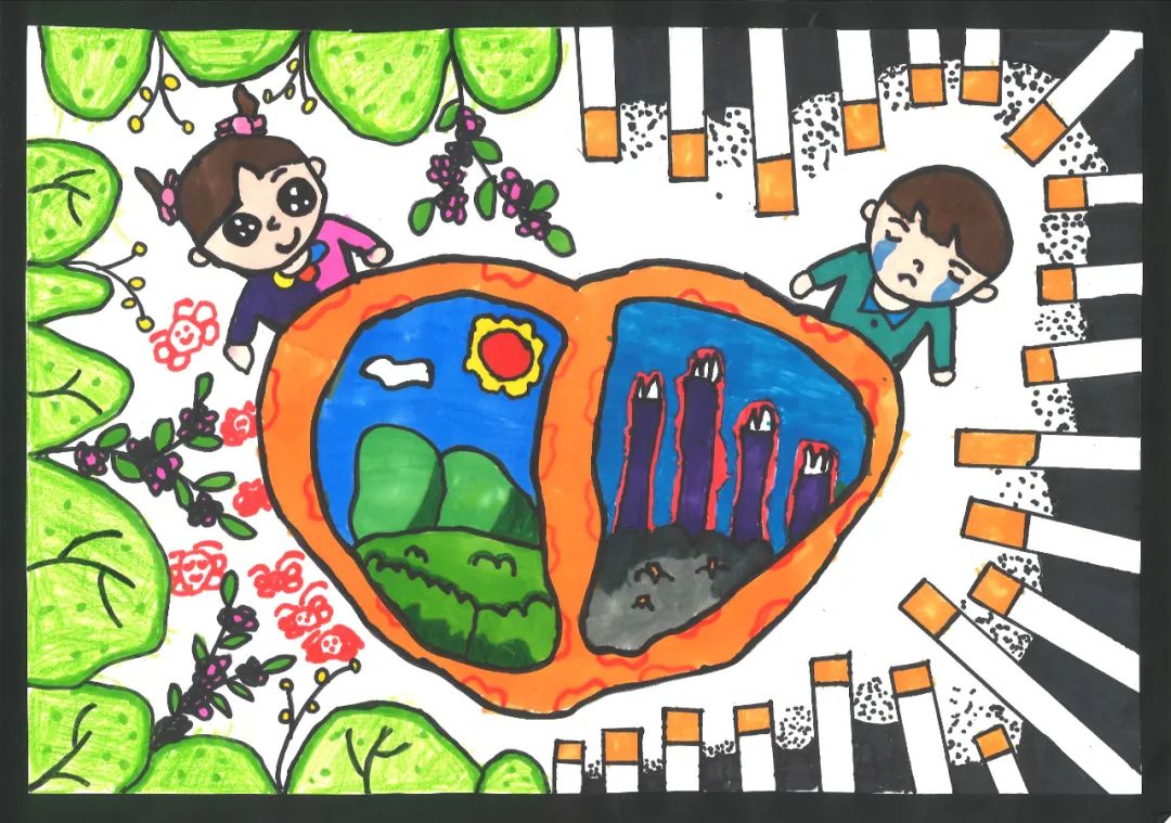 六年级“禁烟控烟 呵护健康”儿童画-第1张